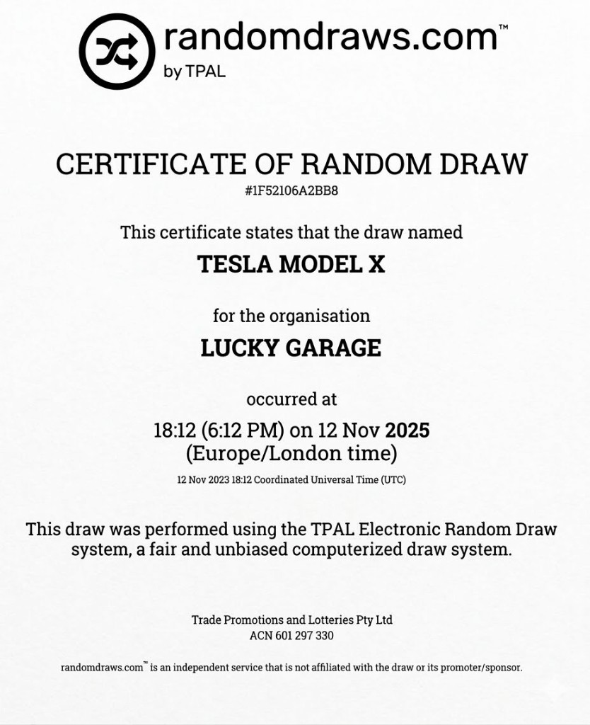 Example certificate of random draw from randomdraws.com by TPAL
